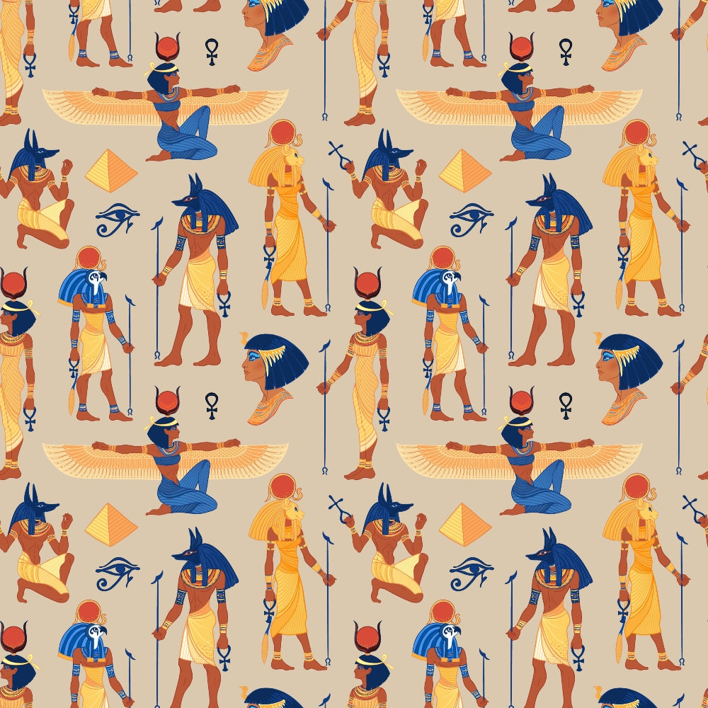 A repeated pattern of ancient Egyptian figures, including seated and standing deities with wings and animal heads, wearing traditional attire and surrounded by hieroglyphic symbols on a beige background.