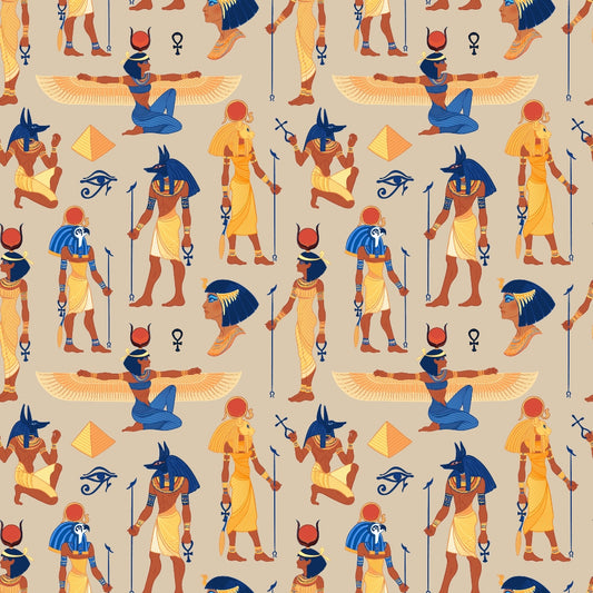 A repeated pattern of ancient Egyptian figures, including seated and standing deities with wings and animal heads, wearing traditional attire and surrounded by hieroglyphic symbols on a beige background.