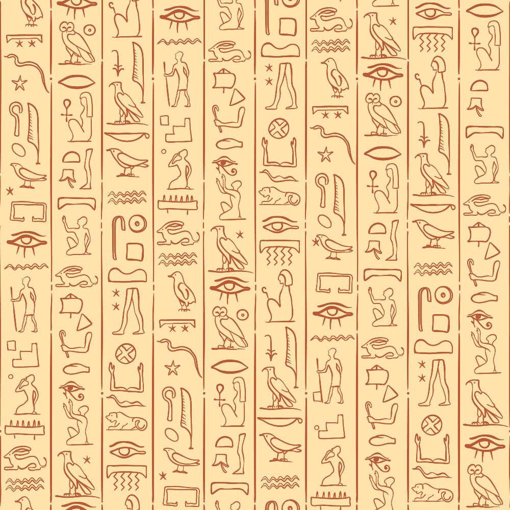 beige background, terracotta red, rust orange, egyptian hieroglyphs, ancient symbols, birds, owls, eyes, human figures, geometric patterns, wavy lines, stars, archaeological motifs, antiquated style, mystical atmosphere, quilting cotton, fabric panel, historical theme, desert tones, cultural symbols