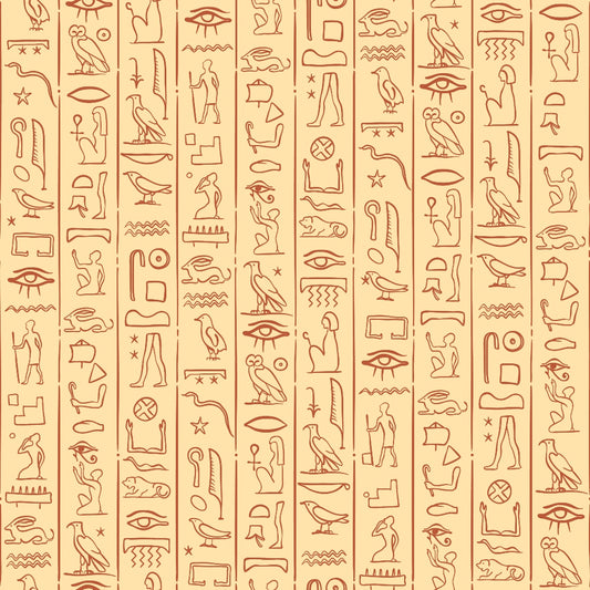 Illustration of vertical lines filled with ancient Egyptian hieroglyphs in red on a beige background.