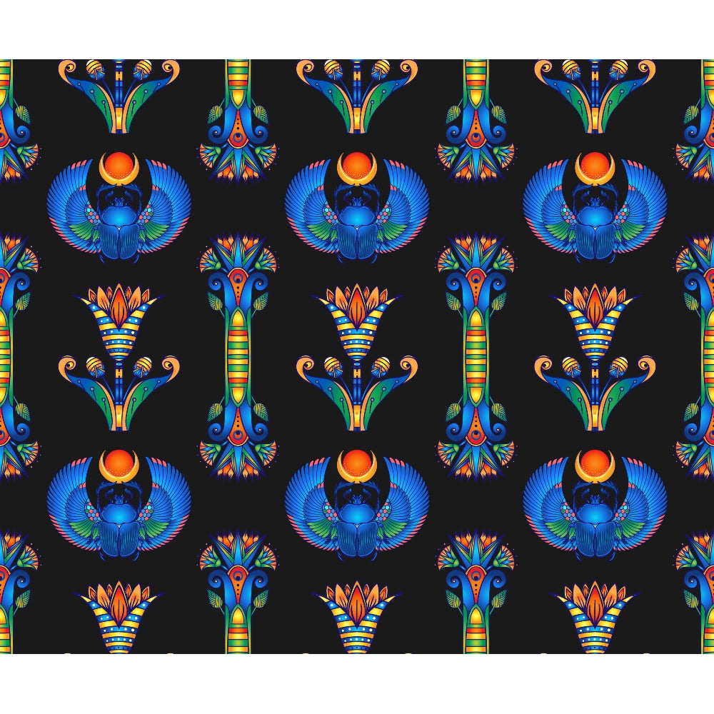 Colorful Egyptian-inspired pattern featuring blue scarabs, floral motifs, and ornamental designs on a black background.