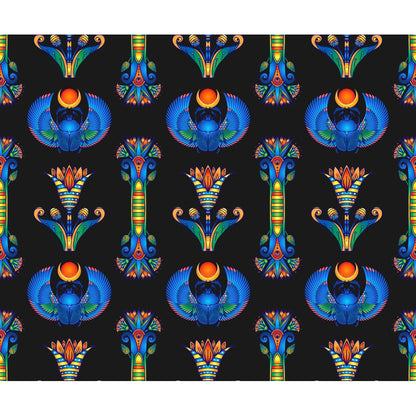 Colorful Egyptian-inspired pattern featuring blue scarabs, floral motifs, and ornamental designs on a black background.