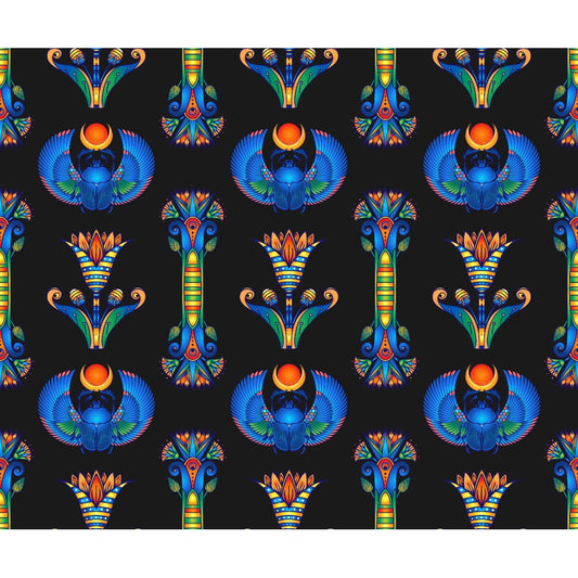 Colorful Egyptian-inspired pattern featuring blue scarabs, floral motifs, and ornamental designs on a black background.