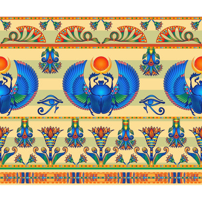 Ancient Egyptian-style design with blue scarab beetles, a red sun, Eye of Horus symbols, and stylized lotus flowers on a beige background with colorful geometric borders.