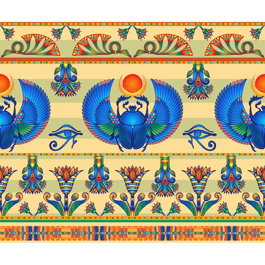 Ancient Egyptian-style design with blue scarab beetles, a red sun, Eye of Horus symbols, and stylized lotus flowers on a beige background with colorful geometric borders.