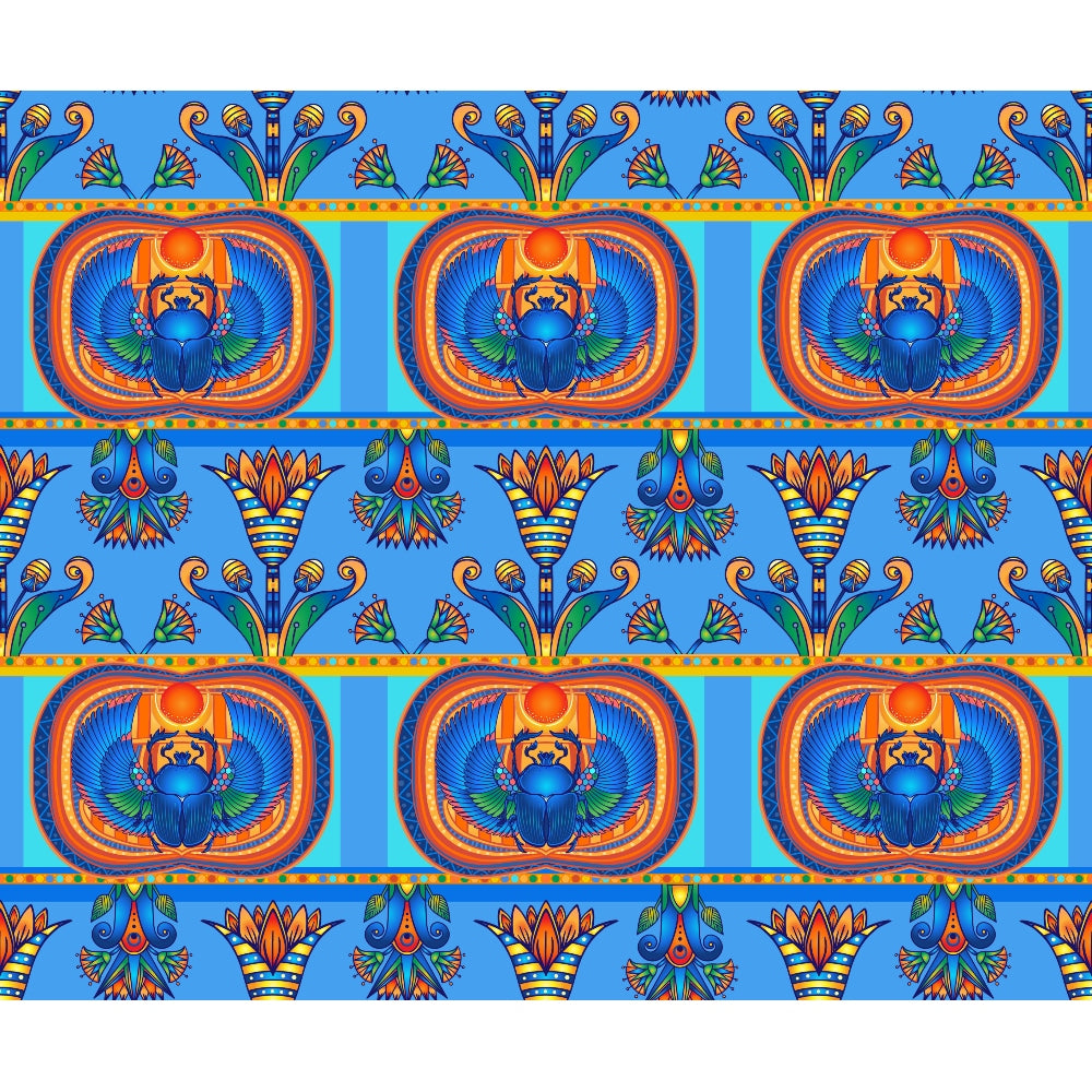 Repeating pattern with colorful scarab beetles and floral motifs on a blue background.