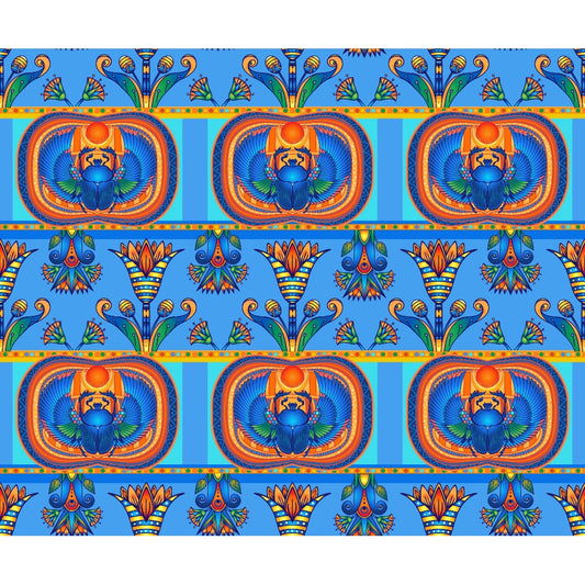 Repeating pattern with colorful scarab beetles and floral motifs on a blue background.