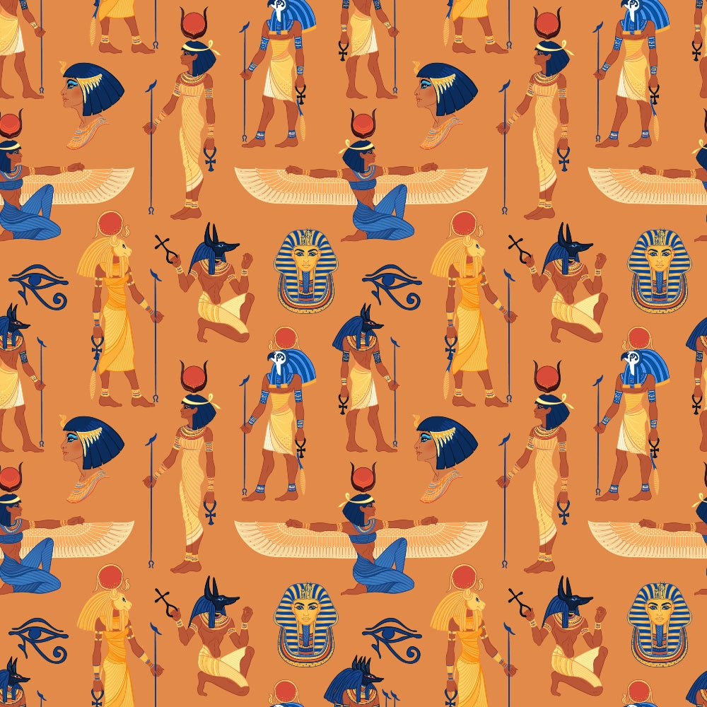 Seamless pattern featuring ancient Egyptian motifs, including deities, hieroglyphs, and symbols in blue, orange, and gold tones.