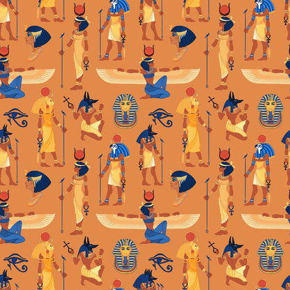 Seamless pattern featuring ancient Egyptian motifs, including deities, hieroglyphs, and symbols in blue, orange, and gold tones.