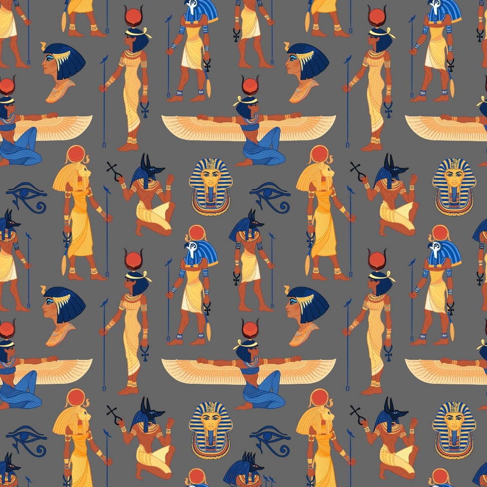 Pattern of ancient Egyptian figures, including deities and pharaoh symbols, set on a gray background with eye motifs and hieroglyphic elements.