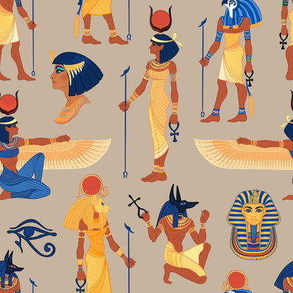 Illustration featuring Egyptian deities and symbols, including Anubis, Ra, the Eye of Horus, and a Pharaoh mask on a neutral background.