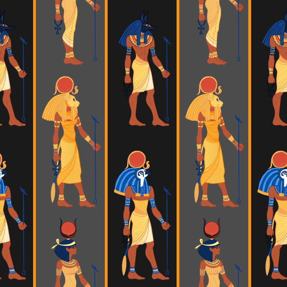 Repeating pattern of ancient Egyptian deities Anubis with a jackal head and Ra with a falcon head, both dressed in traditional attire, on alternating dark and light backgrounds.