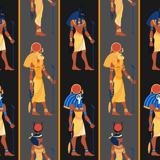 Repeating pattern of ancient Egyptian deities Anubis with a jackal head and Ra with a falcon head, both dressed in traditional attire, on alternating dark and light backgrounds.