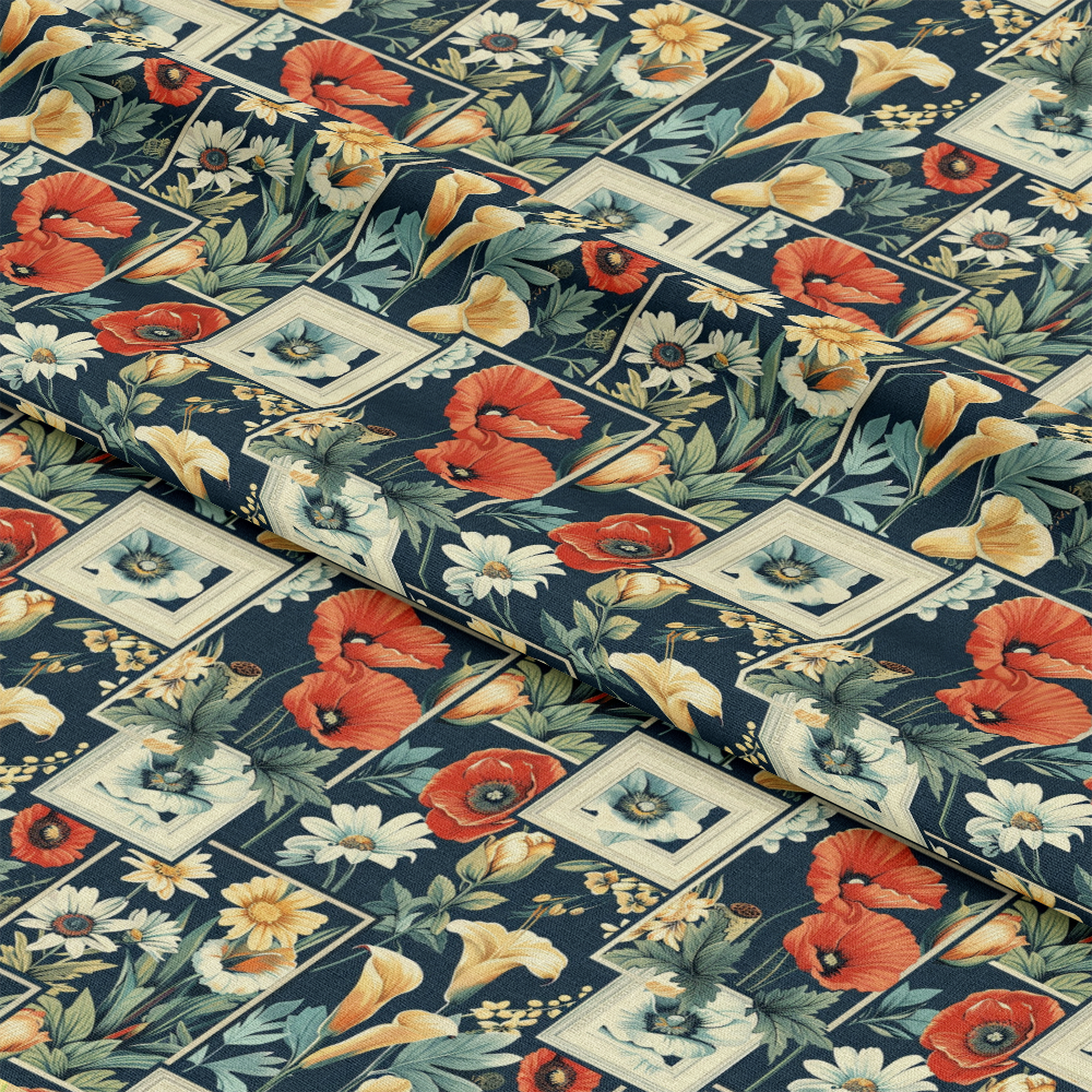 - Eliza's Floral Grids Pattern 12 Quilting Cotton Fabric  
- Quilting cotton textile  
- Floral grid design  
- Orange poppies, white daisies  
- Green leaves, foliage  
- Beige calla lilies  
- Navy blue background  
- Patchwork style fabric  
- Sewing material, craft fabric  
- Vintage inspired floral print
