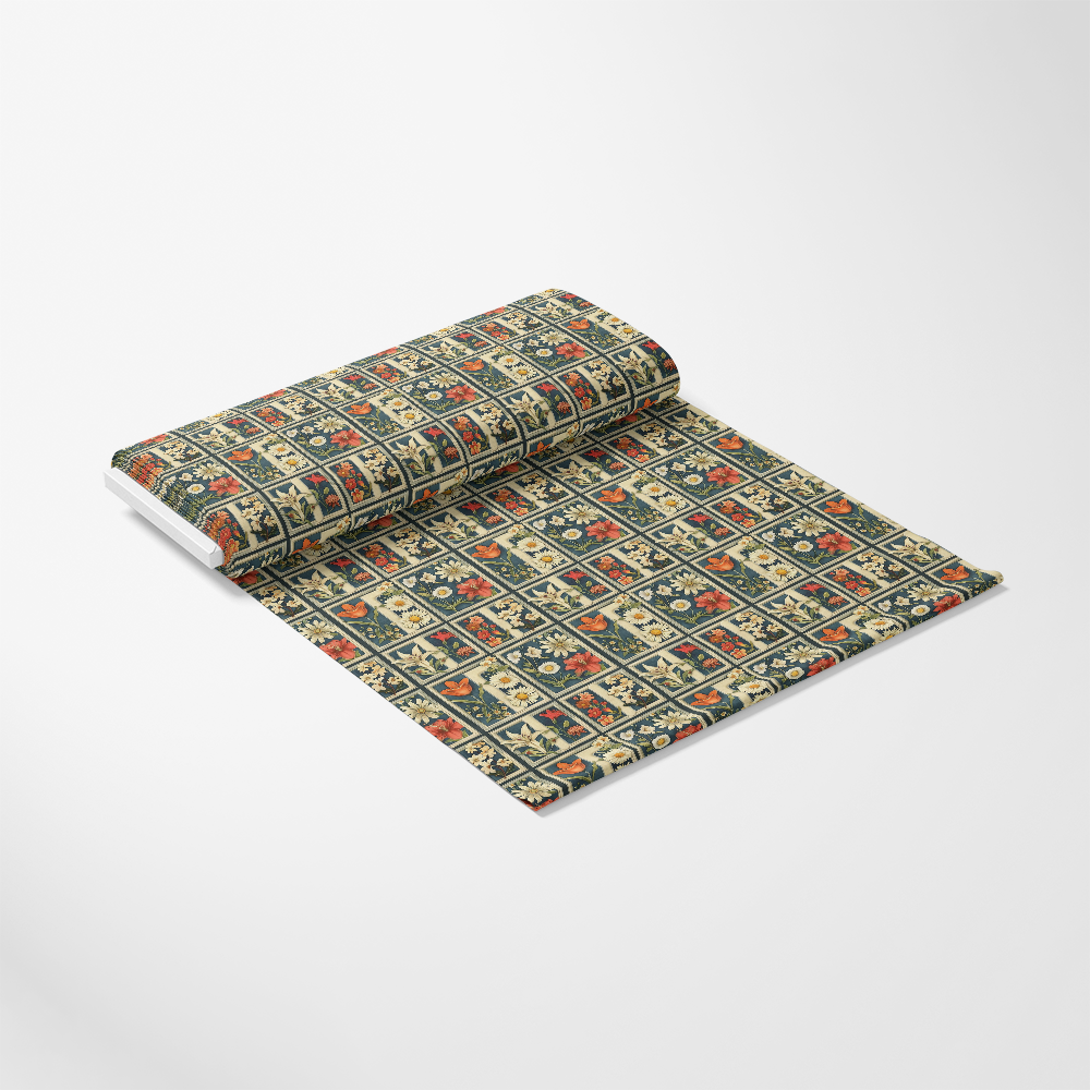 Eliza's Floral Grids Pattern 5 Quilting Cotton Fabric, floral, grid, quilt, cotton, fabric, green, orange, cream, yellow, navy, vintage, decorative, textile, craft, sewing, yardage, soft, detailed, classic, elegant, nature-inspired, woven, printed, home decor, patchwork, multipurpose