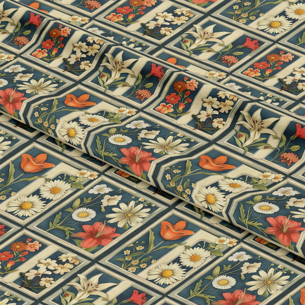 - Eliza's Floral Grids Pattern 5 Quilting Cotton Fabric  
- floral grid design  
- quilt fabric  
- cotton textile  
- vintage floral motifs  
- orange, white, cream flowers  
- green leaves  
- navy blue background  
- classic garden theme  
- sewing material  
- crafting fabric