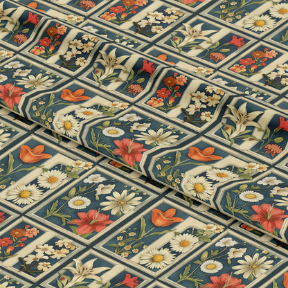 - Eliza's Floral Grids Pattern 5 Quilting Cotton Fabric  
- floral grid design  
- quilt fabric  
- cotton textile  
- vintage floral motifs  
- orange, white, cream flowers  
- green leaves  
- navy blue background  
- classic garden theme  
- sewing material  
- crafting fabric