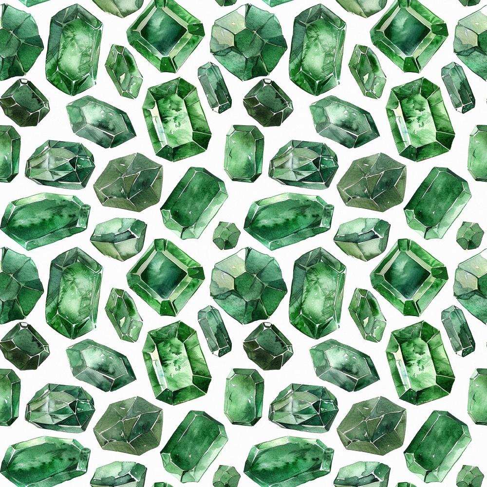 Illustration of variously shaped green gemstones on a light background, arranged in a repetitive pattern.