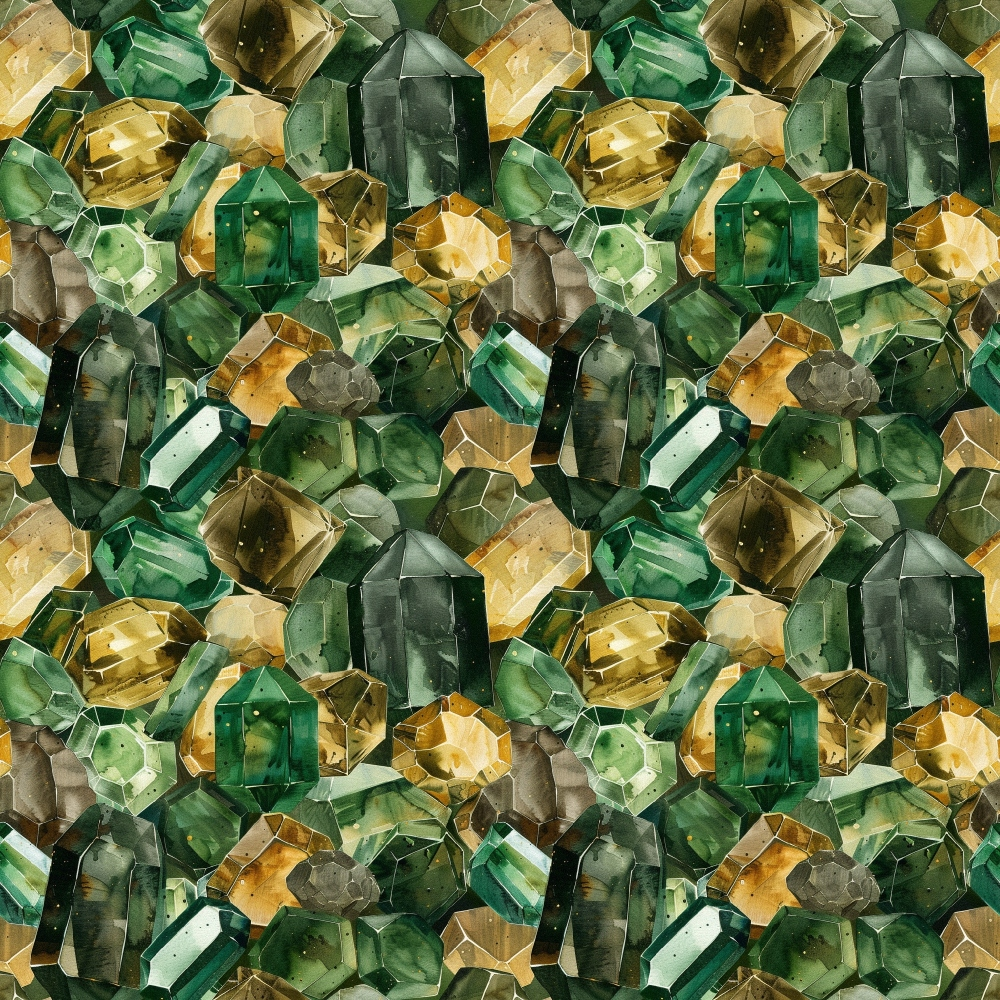 A pattern of variously colored gemstones, including green, yellow, and brown, arranged in a seamless, repeating design.