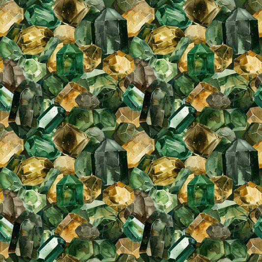 A pattern of variously colored gemstones, including green, yellow, and brown, arranged in a seamless, repeating design.