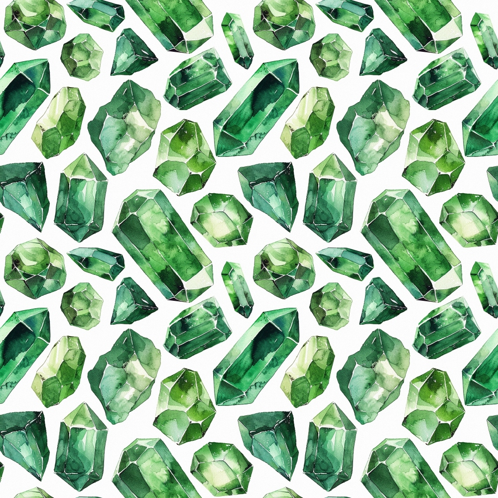 Pattern of various green gemstones in different shapes on a white background.