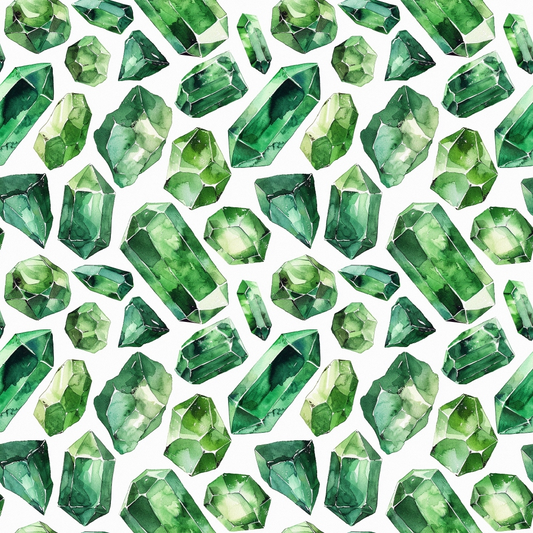 Pattern of various green gemstones in different shapes on a white background.