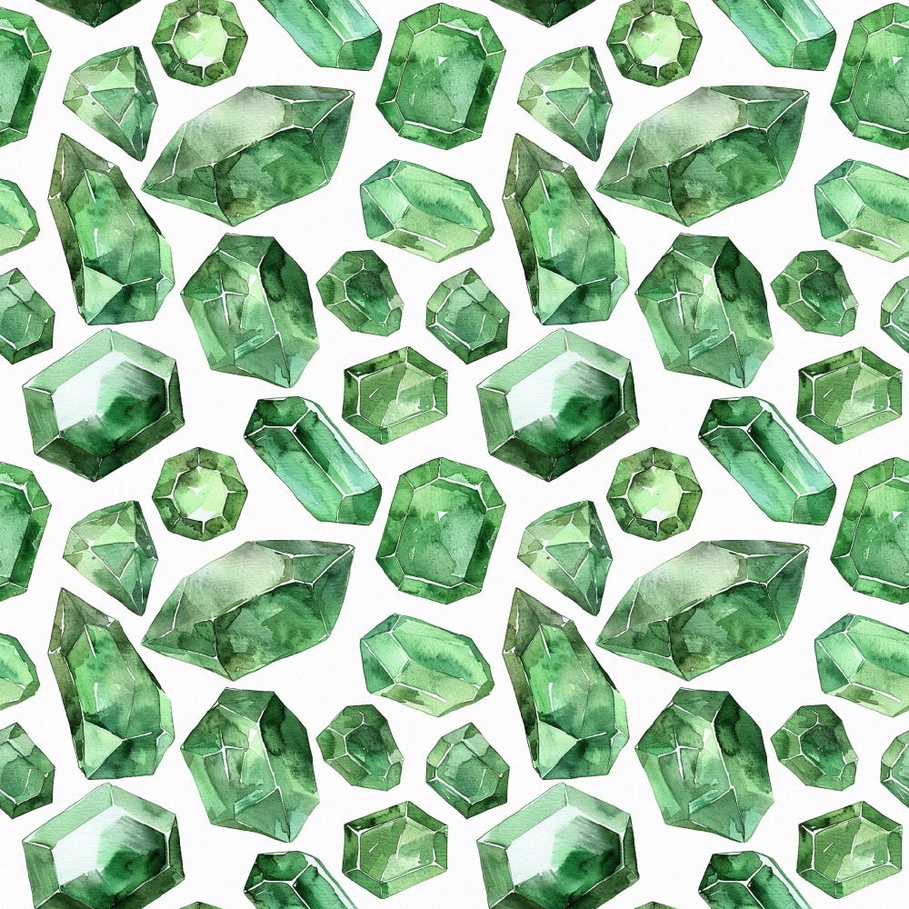 A seamless pattern of variously shaped and sized green gemstones on a white background.