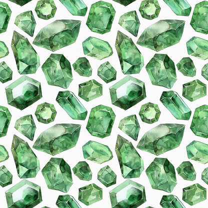 A seamless pattern of variously shaped and sized green gemstones on a white background.