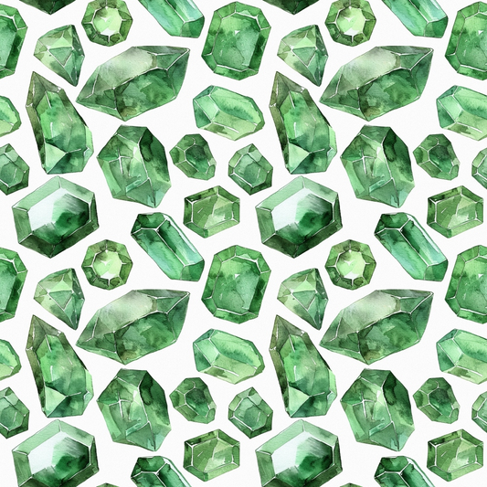 A seamless pattern of variously shaped and sized green gemstones on a white background.