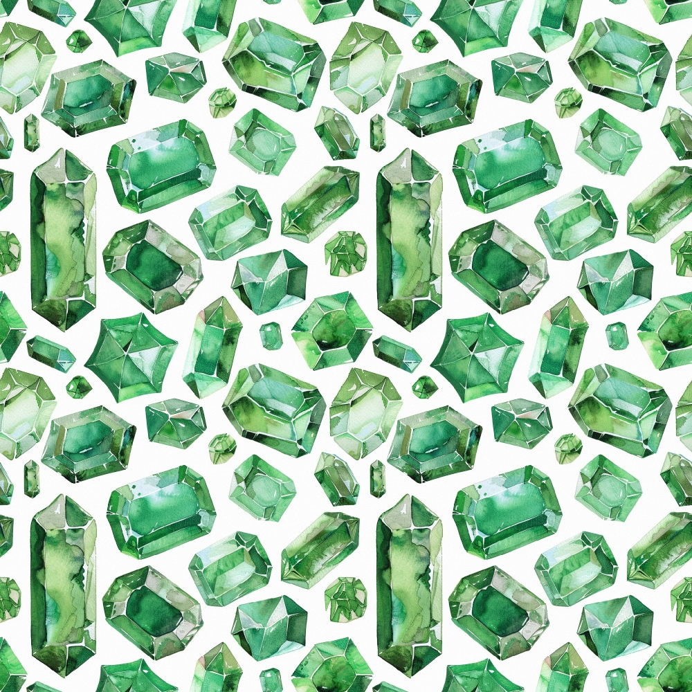 Pattern of various green gemstones in different shapes on a white background.