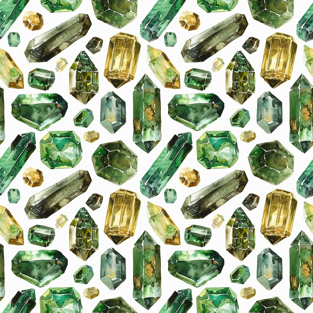 Pattern of various green and yellow gemstones on a white background.