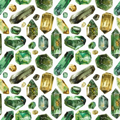 Pattern of various green and yellow gemstones on a white background.