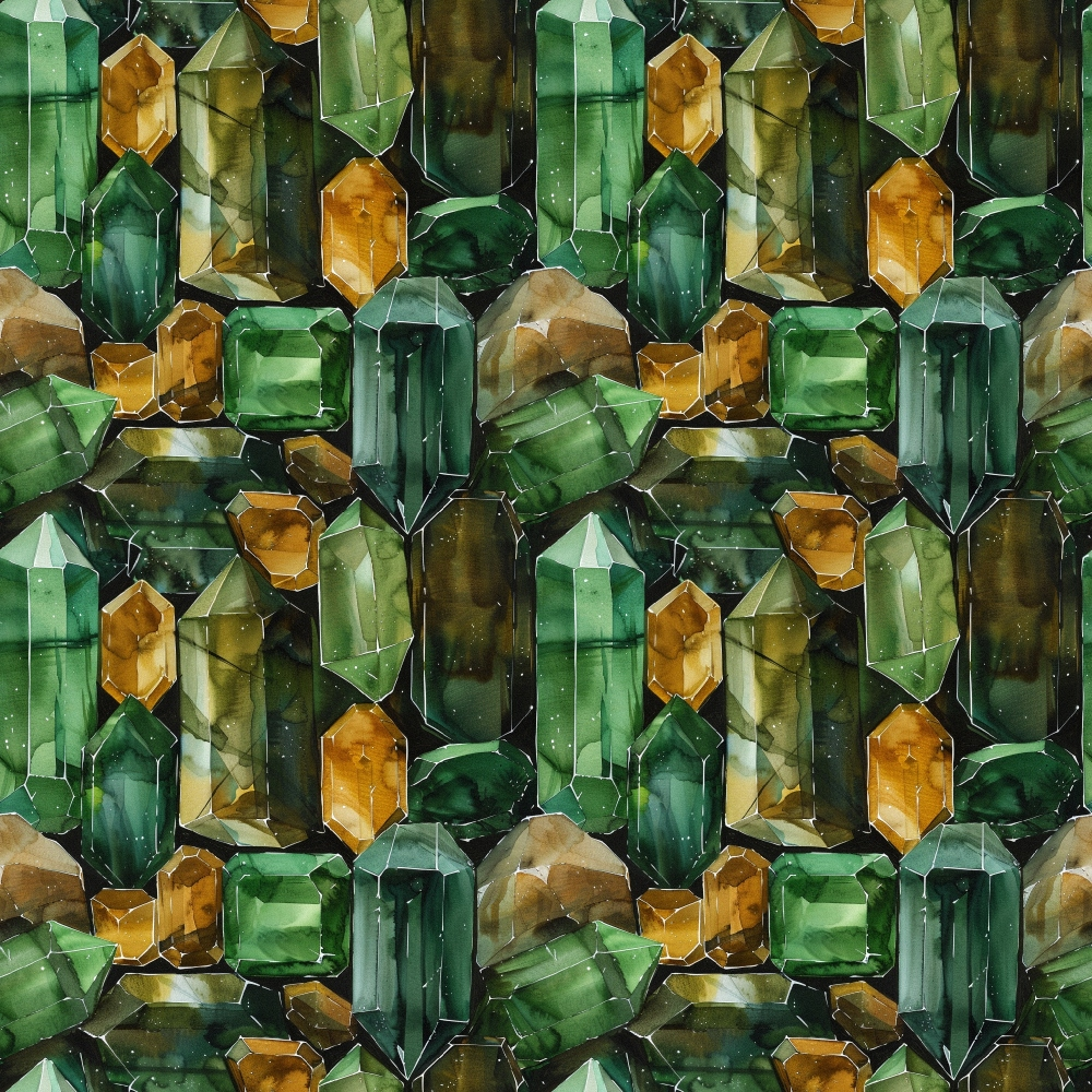 Seamless pattern of watercolor gemstones in green, orange, and brown shades, arranged closely together, forming a tiled design.