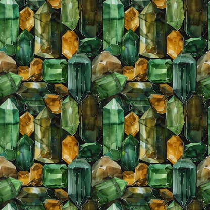 Seamless pattern of watercolor gemstones in green, orange, and brown shades, arranged closely together, forming a tiled design.