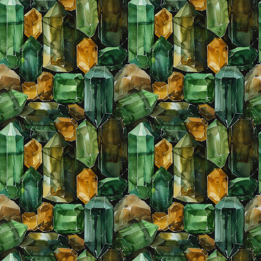 Seamless pattern of watercolor gemstones in green, orange, and brown shades, arranged closely together, forming a tiled design.