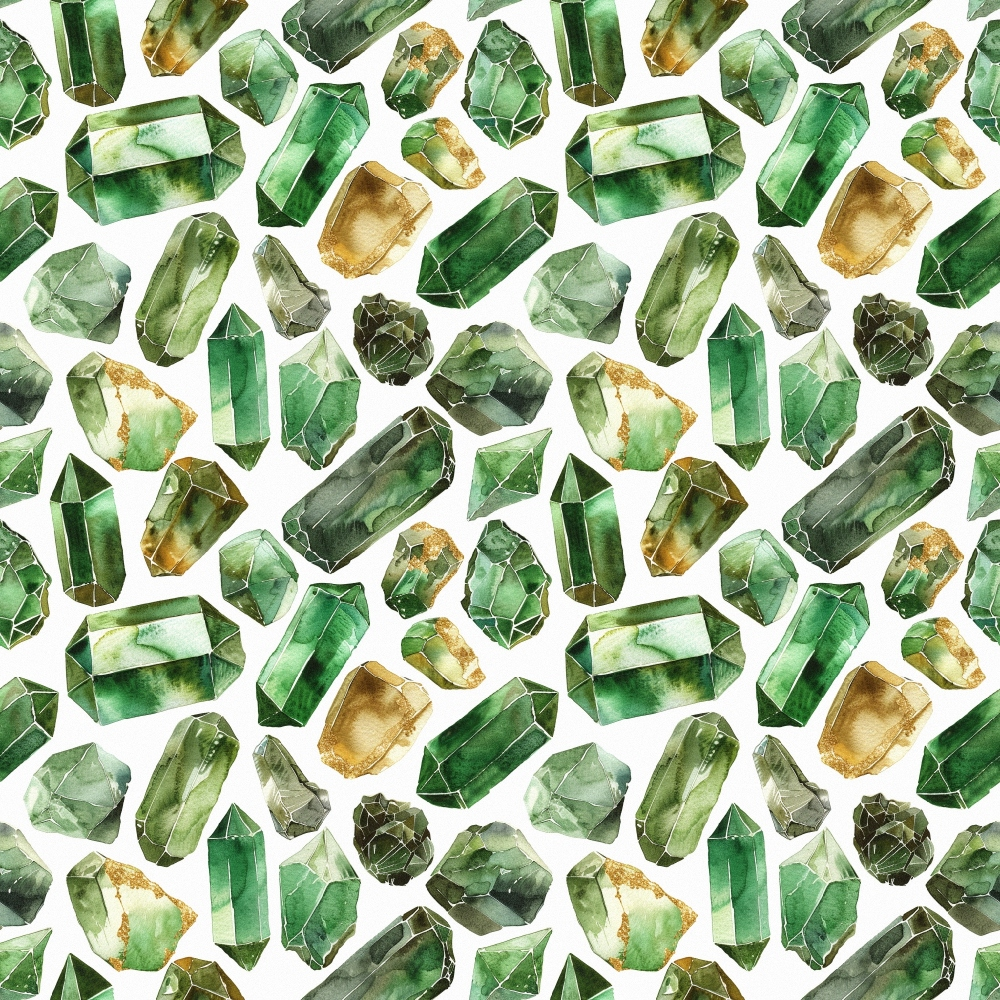 Pattern of various green and brown gemstones arranged on a white background.