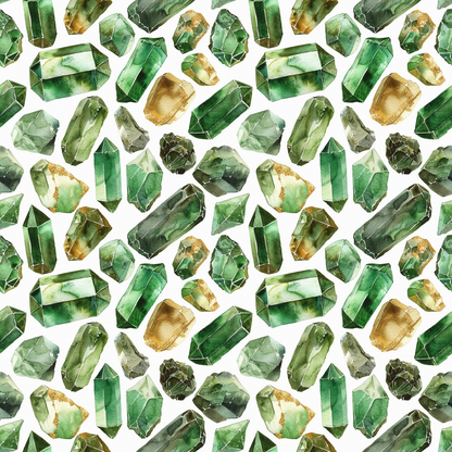 Pattern of various green and brown gemstones arranged on a white background.