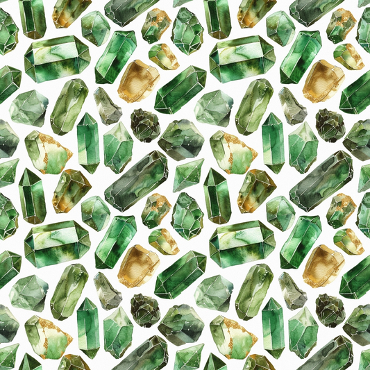 Pattern of various green and brown gemstones arranged on a white background.