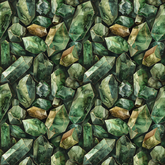 A pattern of green and brown crystalline formations arranged in a seamless, geometric design.