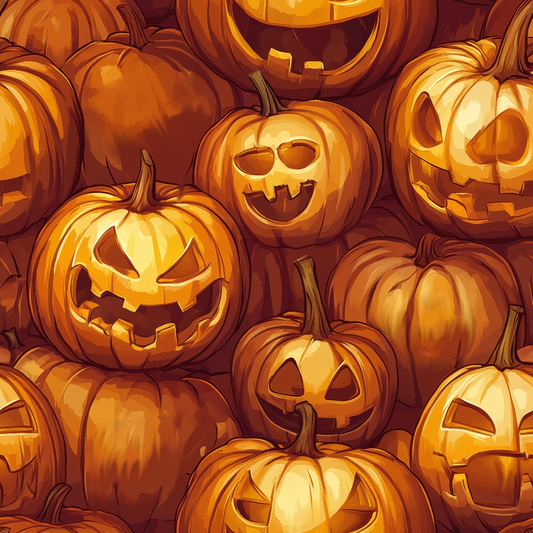 A group of carved pumpkins with various facial expressions, lit from within, displayed together.