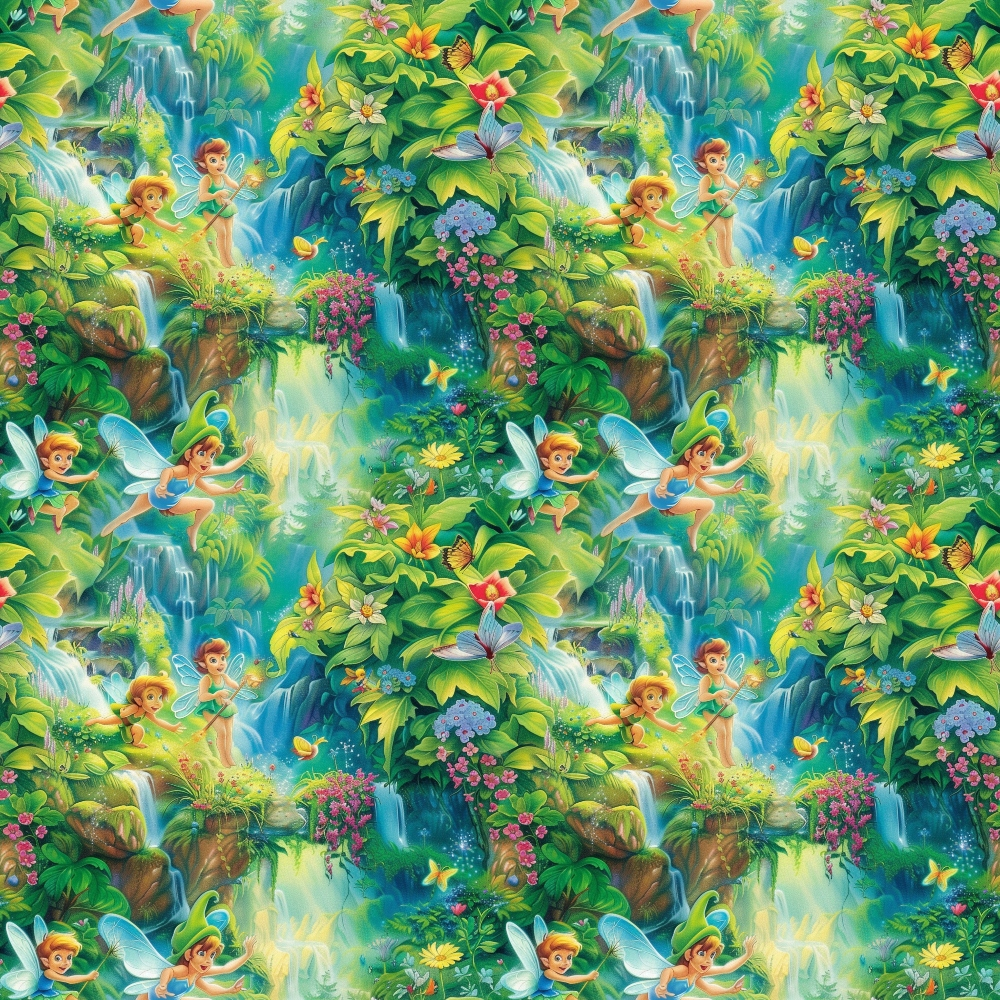 Patterned image featuring fairies flying among lush green foliage, colorful flowers, and waterfalls, with a vibrant, magical atmosphere.