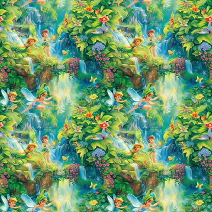 Patterned image featuring fairies flying among lush green foliage, colorful flowers, and waterfalls, with a vibrant, magical atmosphere.