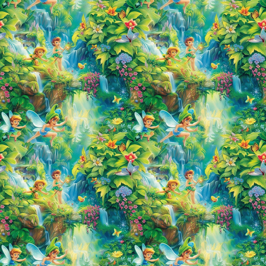 Patterned image featuring fairies flying among lush green foliage, colorful flowers, and waterfalls, with a vibrant, magical atmosphere.