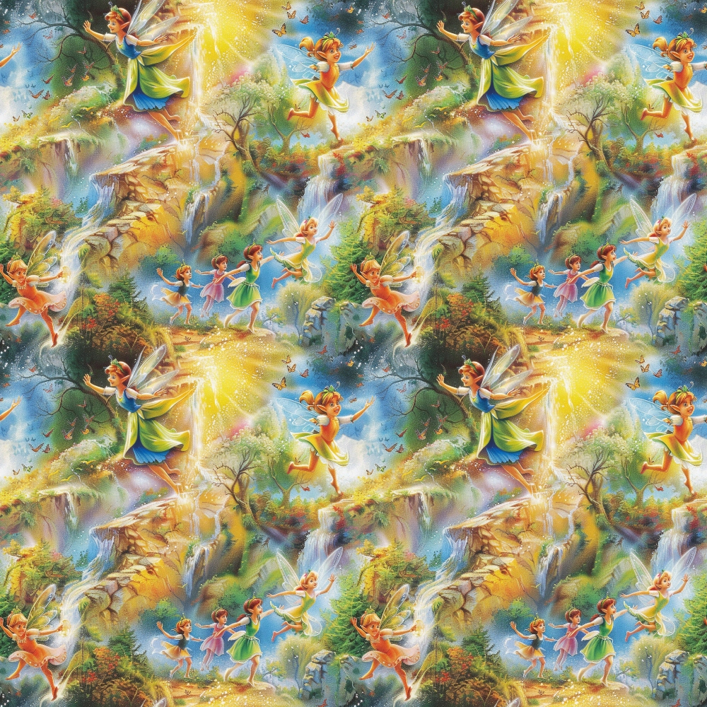 A colorful pattern of fairies with wings, dancing and flying in a fantasy landscape with waterfalls, trees, and sunlight.