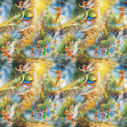 A colorful pattern of fairies with wings, dancing and flying in a fantasy landscape with waterfalls, trees, and sunlight.