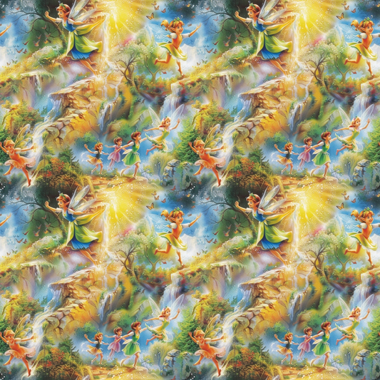 A colorful pattern of fairies with wings, dancing and flying in a fantasy landscape with waterfalls, trees, and sunlight.