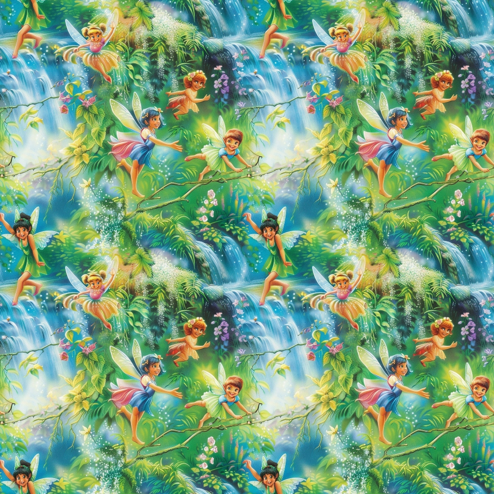 Colorful pattern featuring fairies with wings, surrounded by greenery and waterfalls, repeated multiple times.