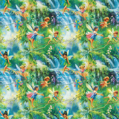 Colorful pattern featuring fairies with wings, surrounded by greenery and waterfalls, repeated multiple times.