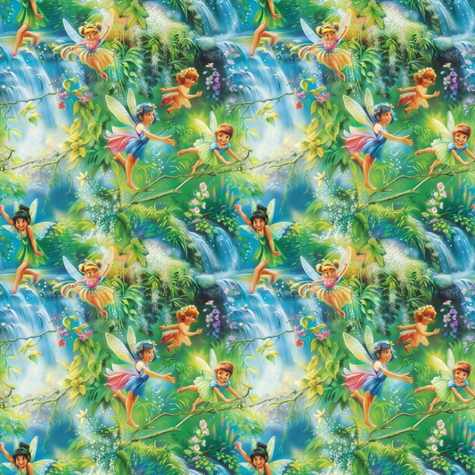 Colorful pattern featuring fairies with wings, surrounded by greenery and waterfalls, repeated multiple times.