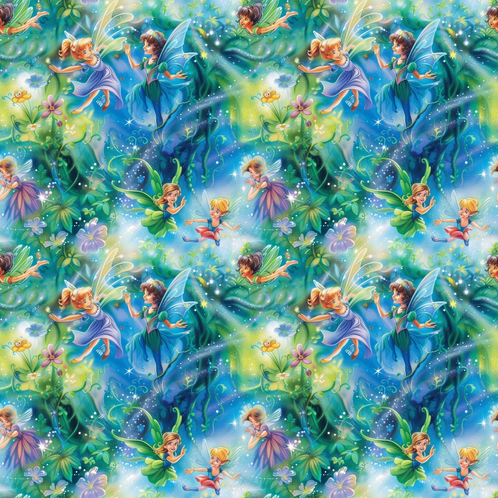 Seamless pattern featuring fairies with wings surrounded by flowers and leaves against a vibrant, colorful background.